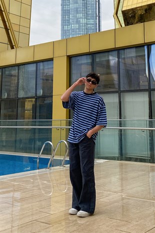 Navy Blue Çizgili Oversize Basic Tshirt
