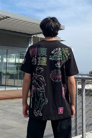 Neon Figures Baskılı Siyah Oversize Tshirt