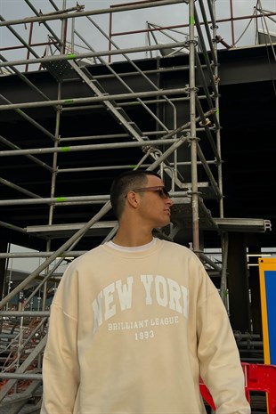 New York Baskılı Taş Rengi Oversize Sweatshirt