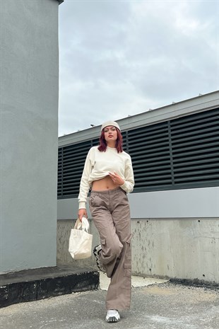 NY Nakışlı Taş Rengi Oversize Sweatshirt