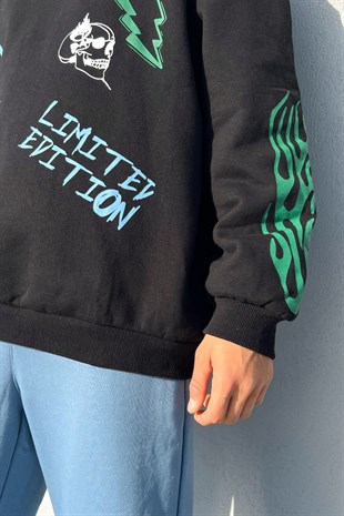 Official Baskılı Siyah Oversize Sweatshirt