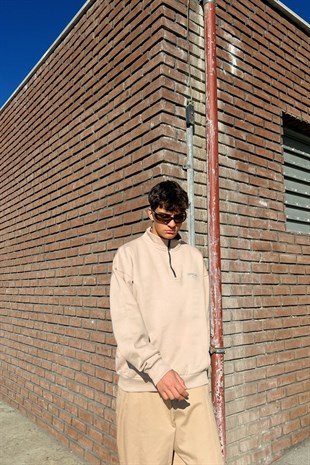 Official Fermuar Detay Bej Oversize Sweatshirt
