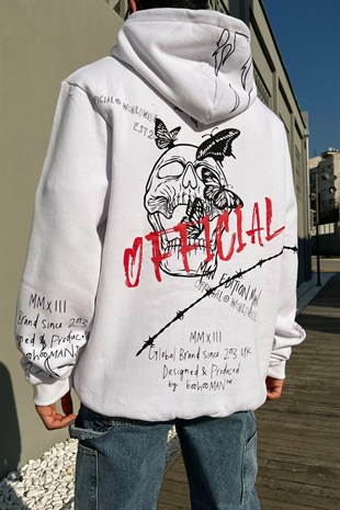 Official Worldwide Baskılı Beyaz Oversize Hoodie