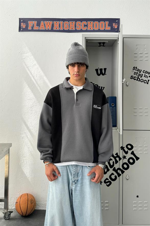 Old Culture Siyah Antrasit Bloklu Polo Yaka Sweatshirt