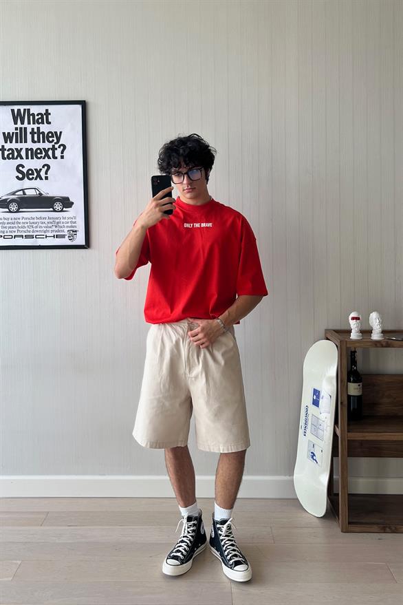 Only The Brave Baskılı Kırmızı Oversize Tişört