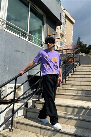 Orange Trip Baskılı Mor Oversize