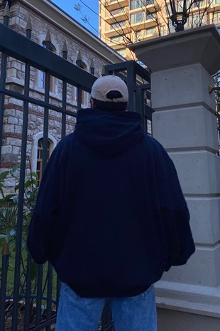 Oversize Premium Lacivert Hoodie