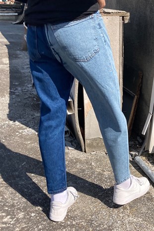 Patchwork Mavi Lacivert Yıkamalı Mom Jeans