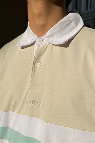 Polo Yaka Şeritli Bej Sweatshirt