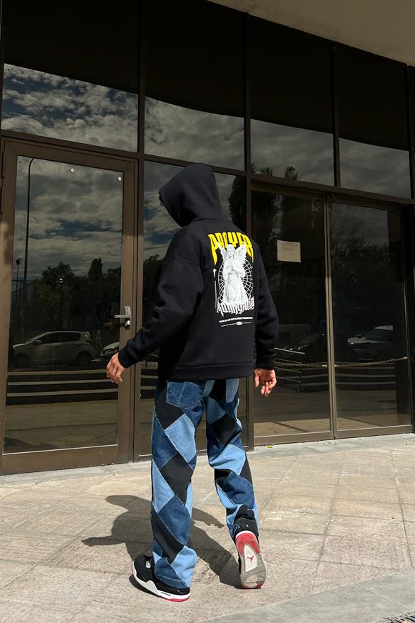 Prayer Statue Sırt Baskılı Siyah Oversize Hoodie