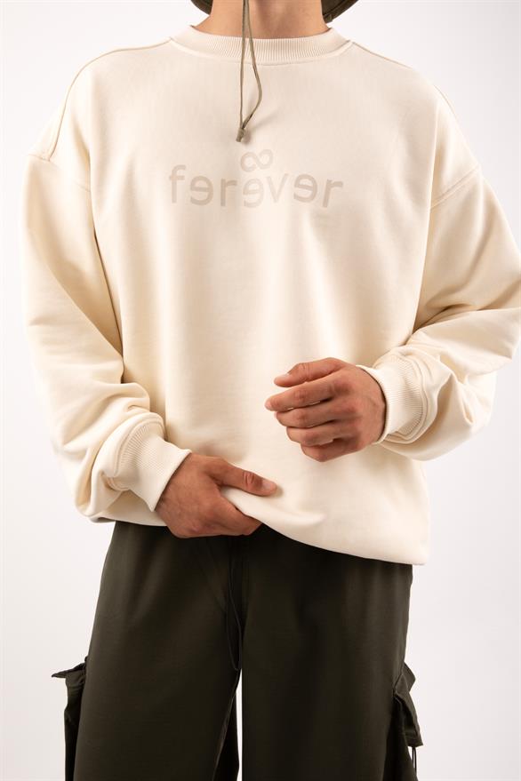 Premium Kumaş 500GSM Ferever Baskılı Krem Oversize Sweatshirt