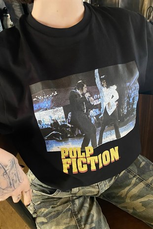 Pulp Fiction Baskılı Siyah Oversize Tshirt