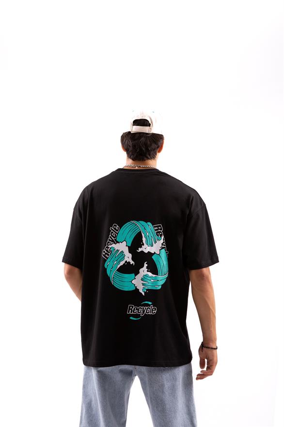 Recycle Baskılı Siyah Oversize Tişört