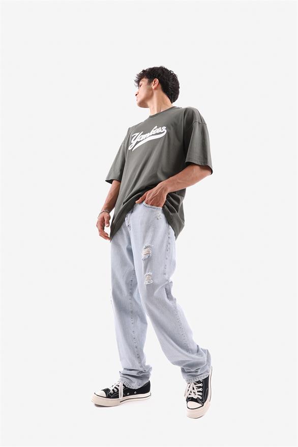 Ripped Detail Buz Mavi Baggy Jean