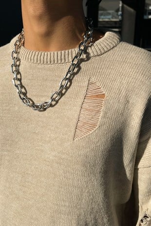 Ripped Detail Krem Kazak