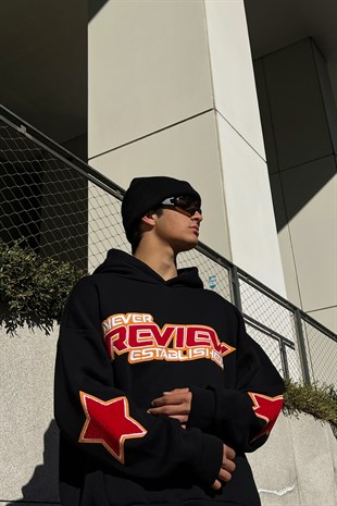 Rv Never Star Nakışlı Siyah Oversize Sweatshirt