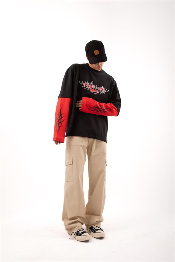 Salitude Baskılı Siyah Oversize Long Sleeve Tişört
