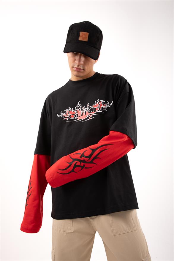 Salitude Baskılı Siyah Oversize Long Sleeve Tişört