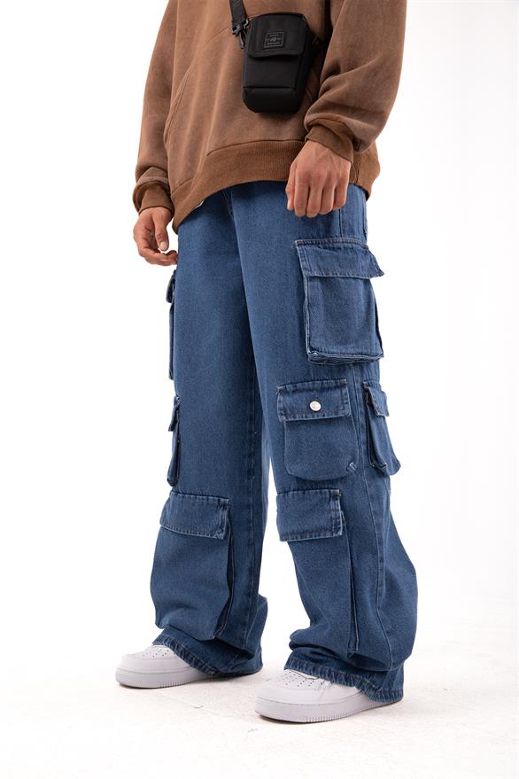 Six Cargo Pocket Mavi Baggy Jean