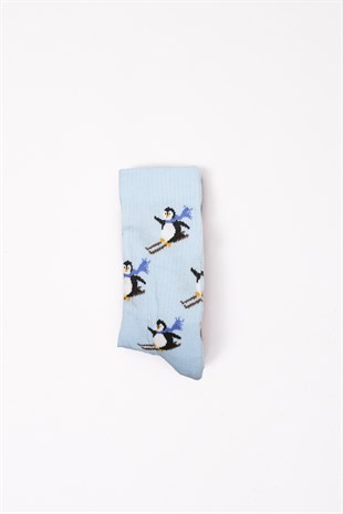 Skating Penguin Mavi Uzun Çorap