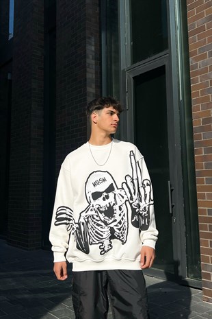 Skeletton Baskılı Beyaz Oversize Sweatshirt