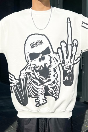 Skeletton Baskılı Beyaz Oversize Sweatshirt