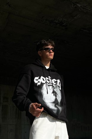 Society Baskılı Siyah Oversize Sweatshirt