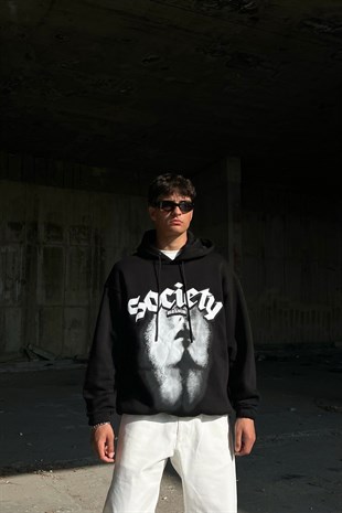 Society Baskılı Siyah Oversize Sweatshirt