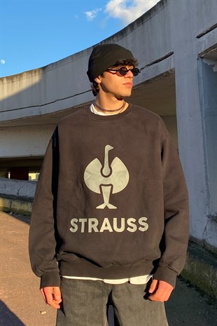 Strauss Printed Oversize Siyah Sweatshirt