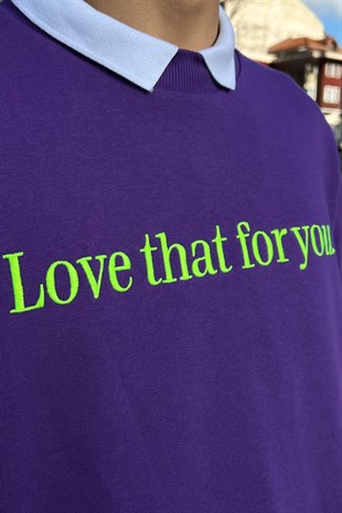 Text Nakışlı Mor Oversize Sweatshirt