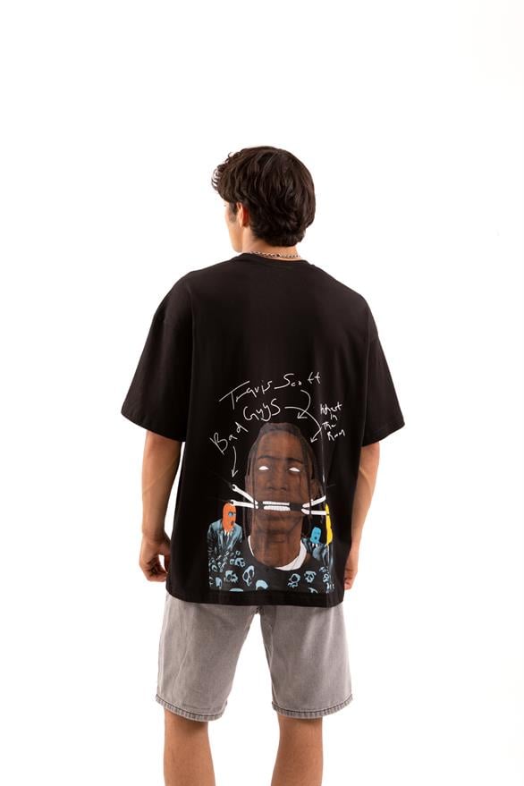Travis Sırt Baskılı Siyah Oversize Tişört