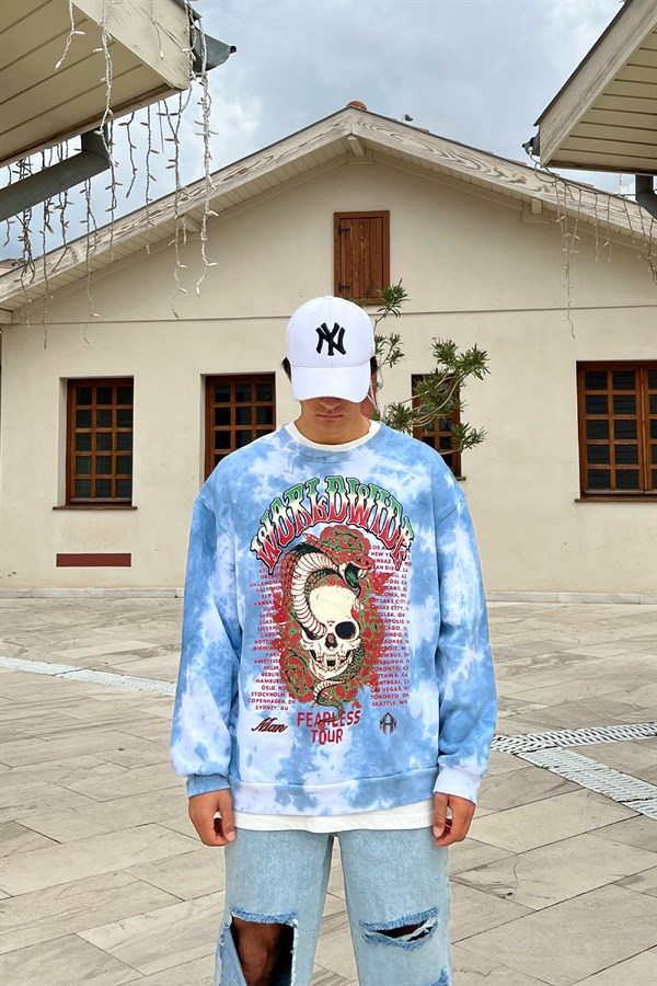 Worldwide Skull Baskılı Batik Desen Oversize Sweatshirt