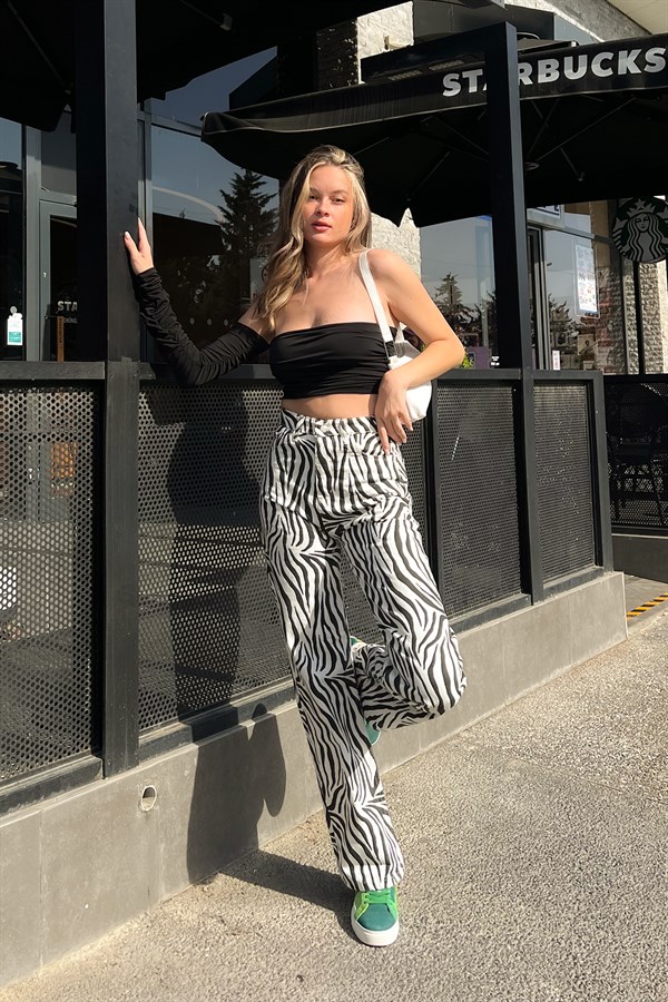 Zebra Desen Beyaz Baggy Jean