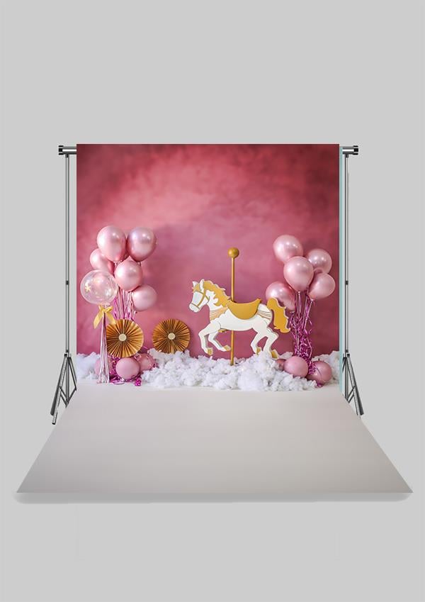 Ahşap Atlı Karınca ve Pembe Balonlar Çocuk Kumaş Fotoğraf Fonu( 2X2,5 MT)