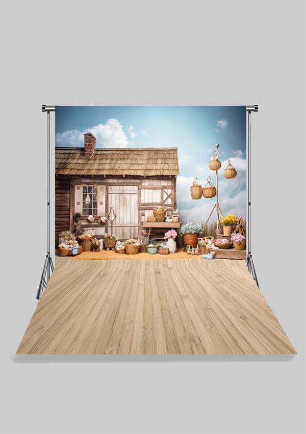 Ahşap Ev ve Çiçekler Çocuk Kumaş Fotoğraf Fonu( 2X2,5 MT)