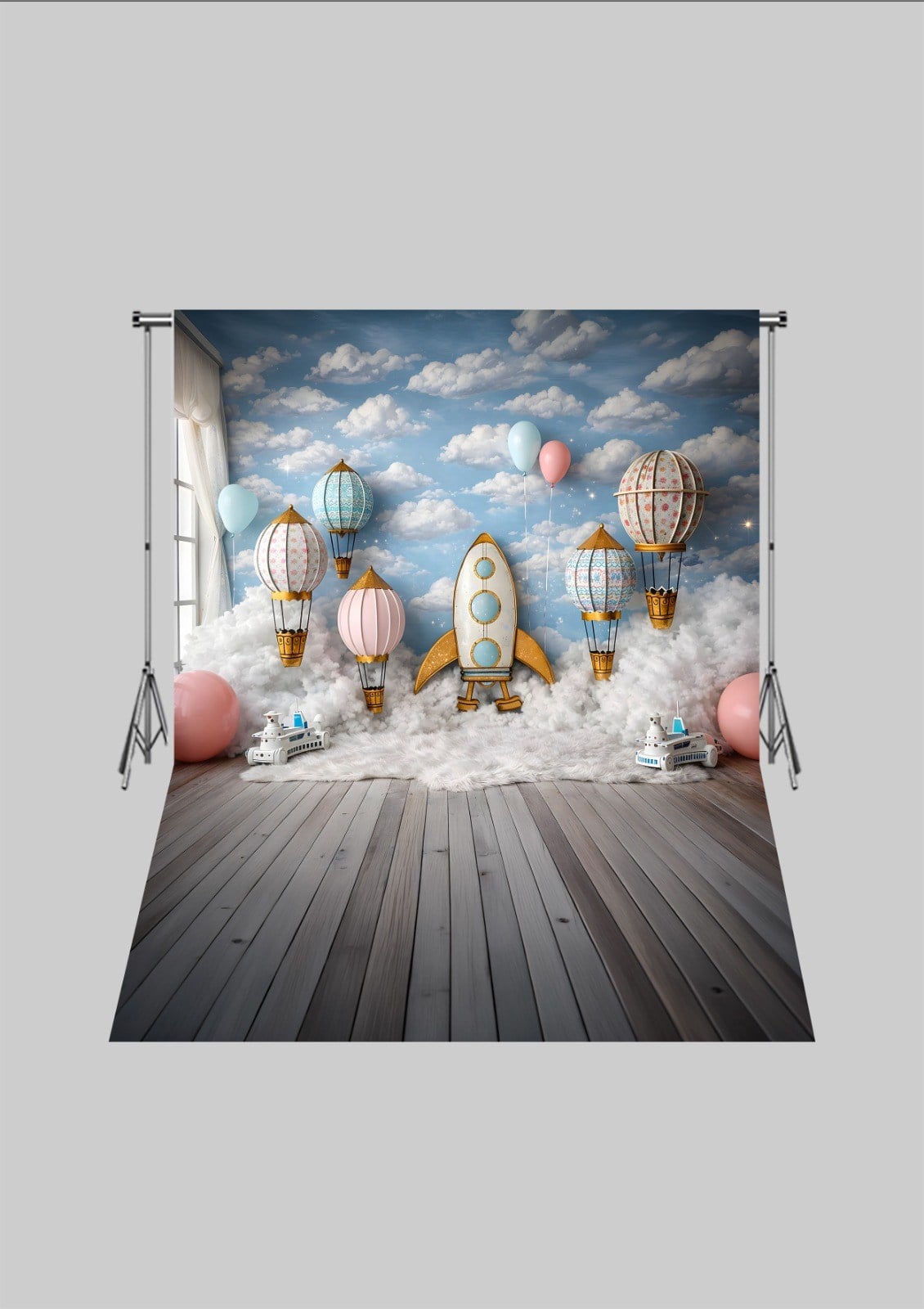 Balonlar ve Astronot 2 - Üç Boyutlu Çocuk Kumaş Fotoğraf Fonu - Fabric Photography Backdrop ( 2X2,5 MT)