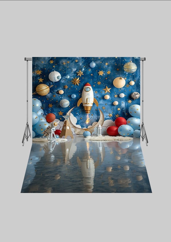 Çocuk Odası Temalı - Uzay İstasyonu  - Üç Boyutlu Çocuk Kumaş Fotoğraf Fonu - Fabric Photography Backdrop ( 2X2,5 MT)