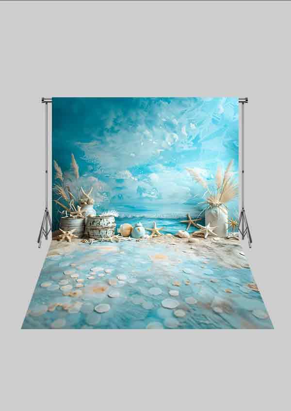 Deniz Kızı Temalı - Deniz Yıldızı ve Kabuklar 02  Üç Boyutlu Çocuk Kumaş Fotoğraf Fonu - Fabric Photography Backdrop ( 2X2,5 MT)