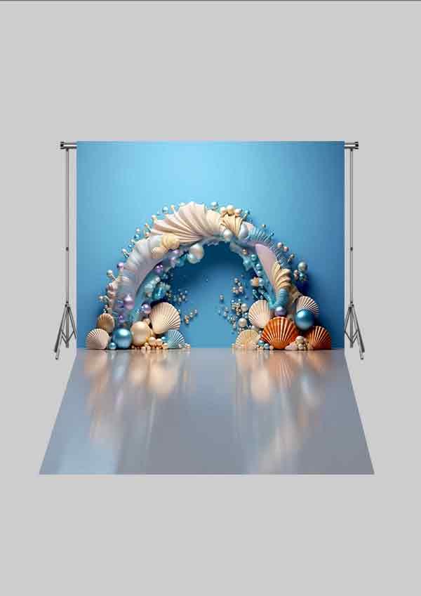 Deniz Kızı Temalı - Deniz Yıldızı ve Kabuklar 04  Üç Boyutlu Çocuk Kumaş Fotoğraf Fonu - Fabric Photography Backdrop ( 2X2,5 MT)