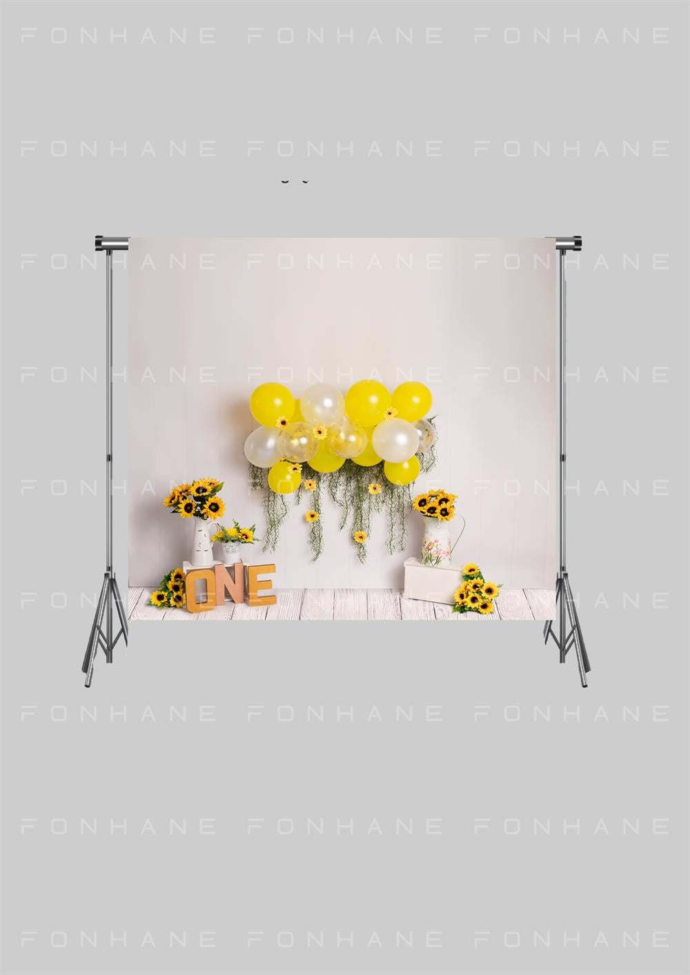 Güne Bakan Çiçekler ve Sarıl Balonlar İle Süslenmiş 1 Yaş Doğum Günü Kutlamalı Zeminsiz Çocuk Kumaş Fotoğraf Fonu( 2X1.5 MT)