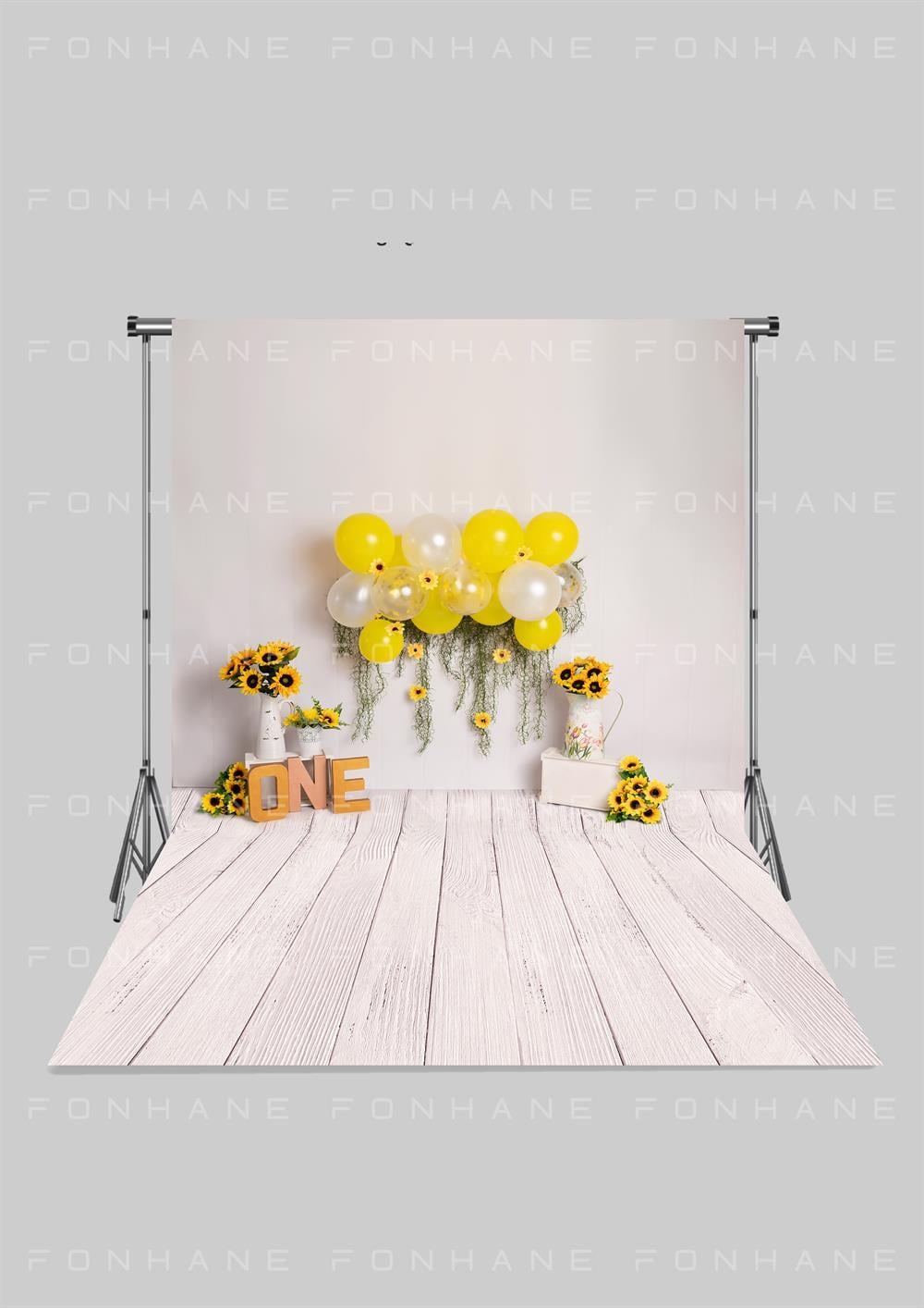 Güne Bakan Çiçekler ve Sarıl Balonlar İle Süslenmiş 1 Yaş Doğum Günü Kutlamalı  Zeminli Çocuk Kumaş Fotoğraf Fonu( 2X2,5 MT)