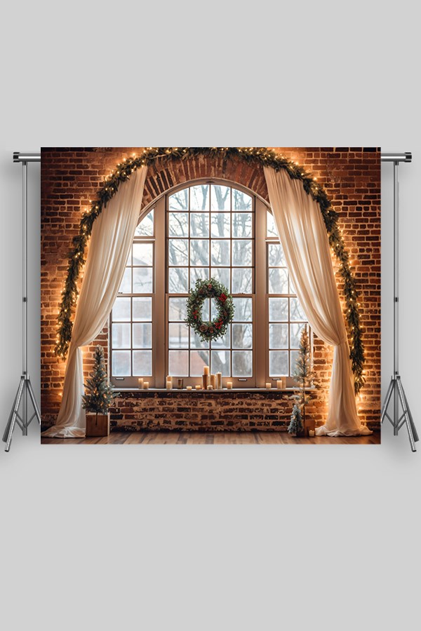 Işıklandırılmış Tuğla Noel Duvarı Yetişkin Kumaş Fotoğraf Fonu ( 3X2,5 MT)