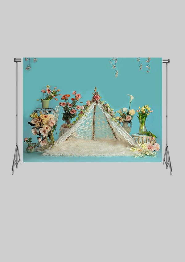 KATLANIR KIRIŞMAZ KUMAŞ - 2 EN 1.5 MT BOY - Mavi Çadır Orman Çiçekler - FABRIC BACKDROP - Stüdyo Fonu