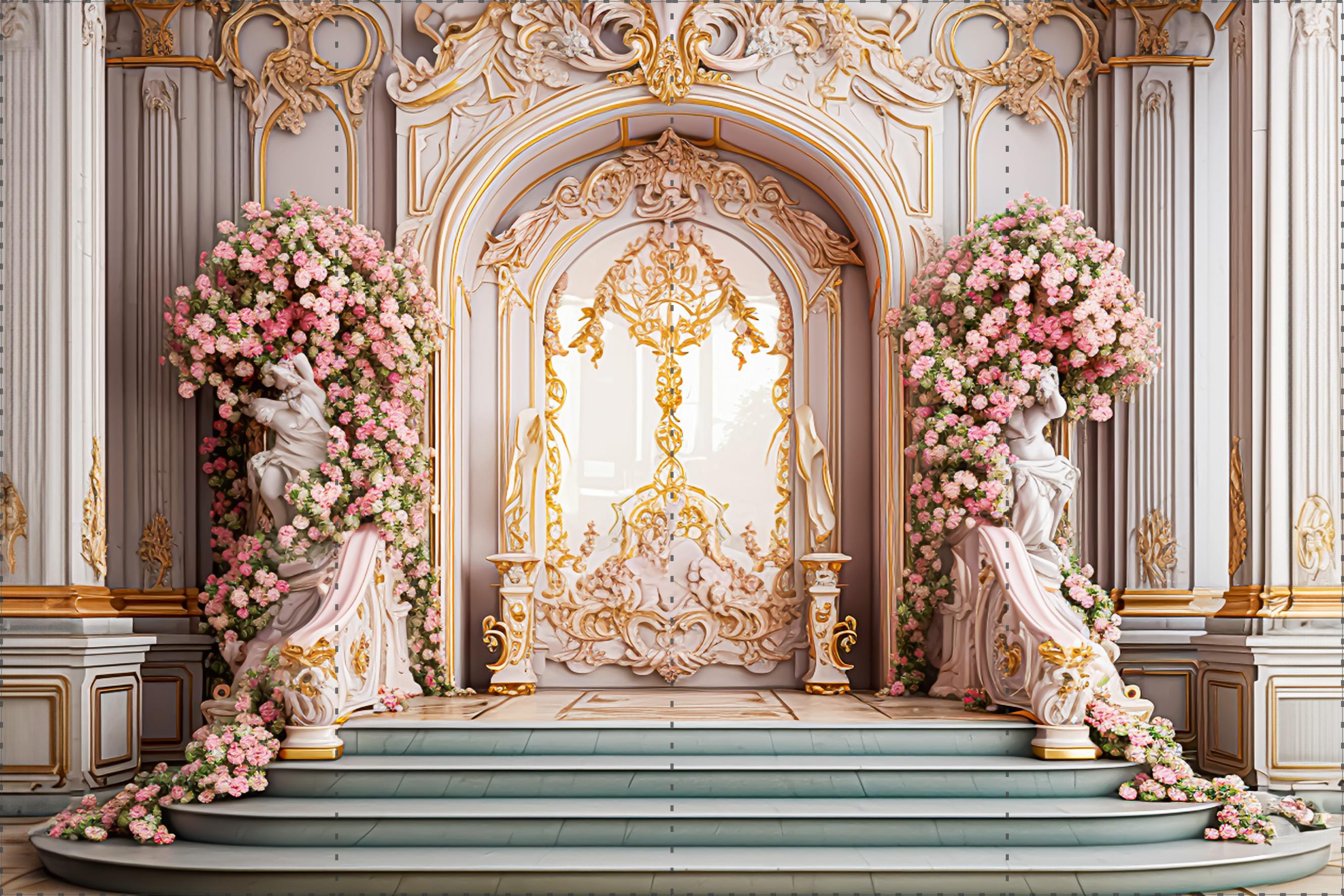 Katlanır Kırışmaz Kumaş - Üç Boyutlu Fotoğraf Fonu- Pembe Çiçekler ve Gold Sütunlar