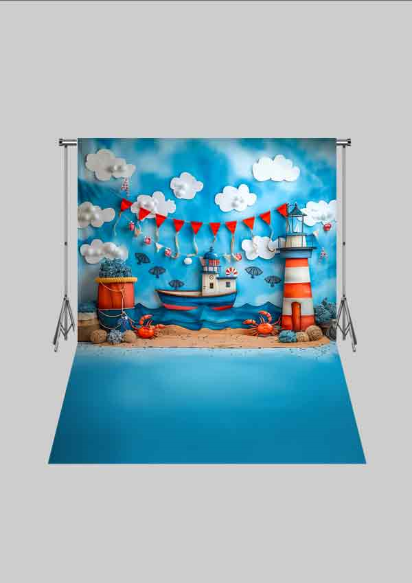 Kayık ve Deniz Temalı Fon 2  - Üç Boyutlu Çocuk Kumaş Fotoğraf Fonu - Fabric Photography Backdrop ( 2X2,5 MT)