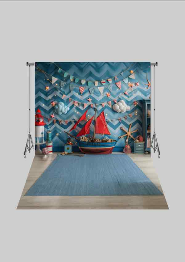 Kayık ve Deniz Temalı Fon 3  - Üç Boyutlu Çocuk Kumaş Fotoğraf Fonu - Fabric Photography Backdrop ( 2X2,5 MT)