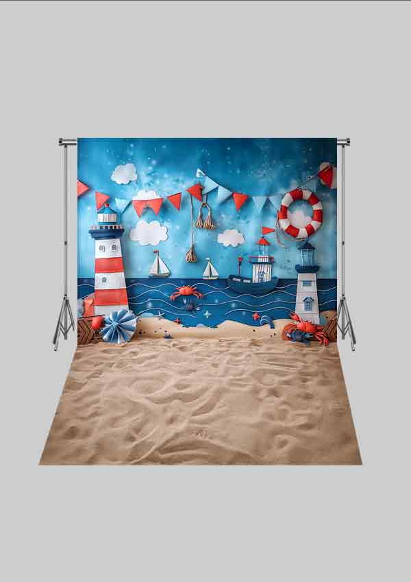 Kayık ve Deniz Temalı Fon 4  - Üç Boyutlu Çocuk Kumaş Fotoğraf Fonu - Fabric Photography Backdrop ( 2X2,5 MT)