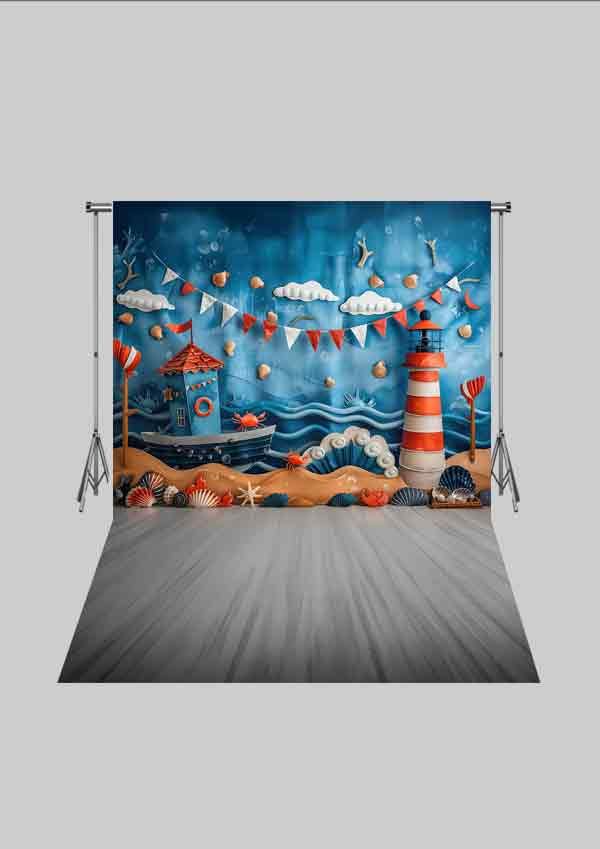Kayık ve Deniz Temalı Fon 5  - Üç Boyutlu Çocuk Kumaş Fotoğraf Fonu - Fabric Photography Backdrop ( 2X2,5 MT)