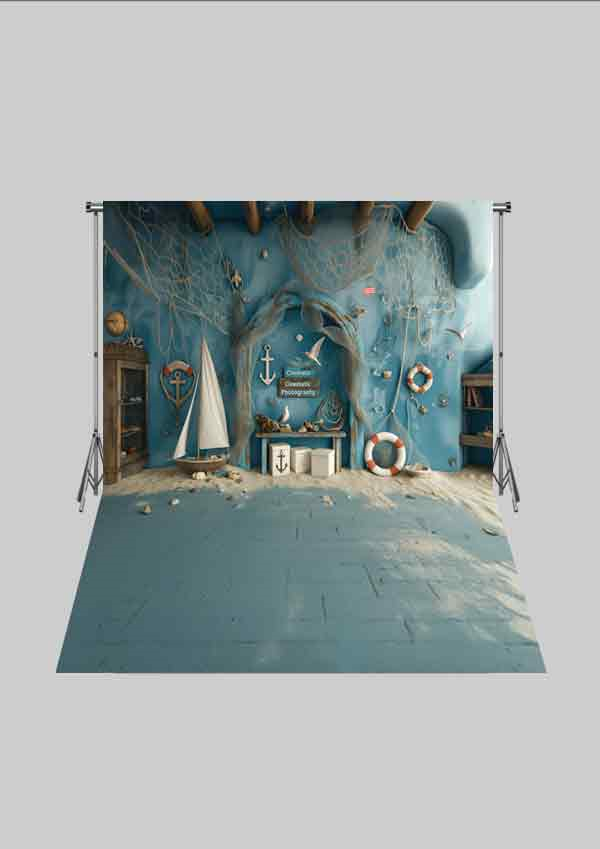 Kayık ve Deniz Temalı Fon  - Üç Boyutlu Çocuk Kumaş Fotoğraf Fonu - Fabric Photography Backdrop ( 2X2,5 MT)