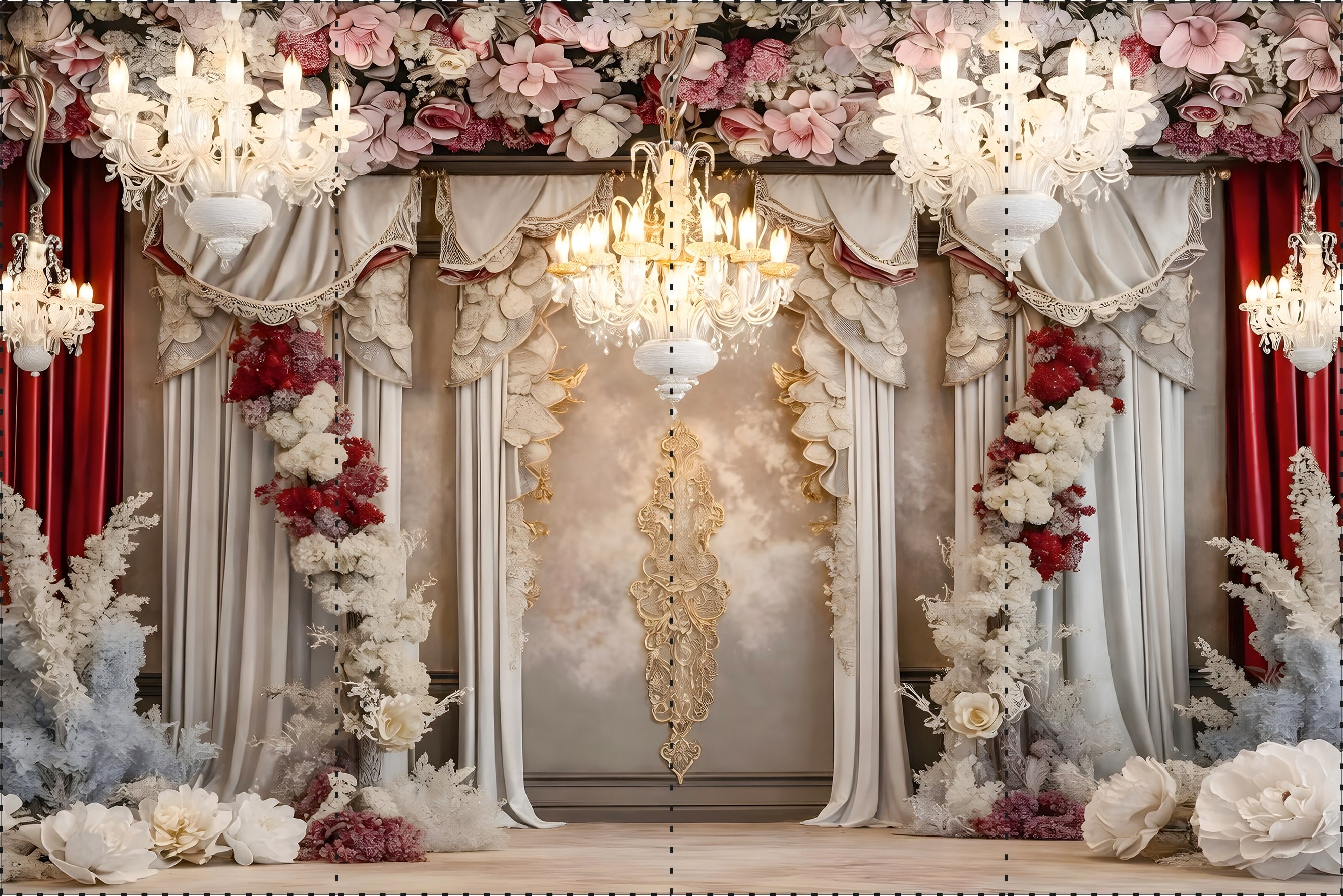 Kırmızı Perdeler ve Beyaz Çiçekler  - Organizasyon ve Fotoğraf Fonu  - Katlanır Kırışmaz Kumaş - Üç Boyutlu Fotoğraf Fonu - Fabric Backdrop